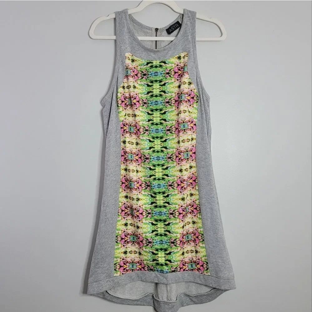 ASTR Sleeveless Tank Dress Large Gray Neon Abstract Print Shift Mini Dress